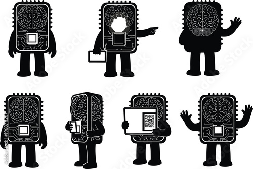 AI chip head character, humanoid robot concept, artificial intelligence figure, tech gesture icons, vector illustration, digital brain, smart machine activity