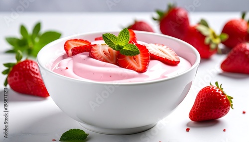 Pink yogurt bowl with fresh strawberries and mint