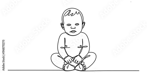 A simple black and white line drawing of a cute baby sitting on the floor facing the camera lens. Vector, illustration