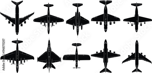 Aircraft silhouette collection, top view airplane icons, black vector jets, commercial airliners, military planes, propeller aircraft, aviation design elements