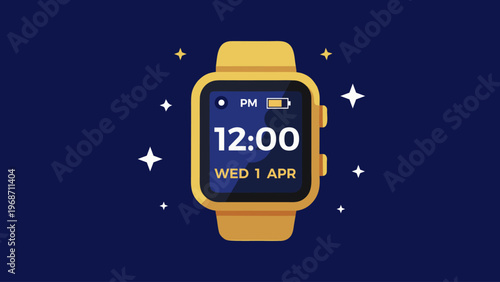 Flat vector illustration of a smartwatch displaying a health or sleep tracking app. Minimalist design of a wearable device with digital clock on dark blue background with stars.