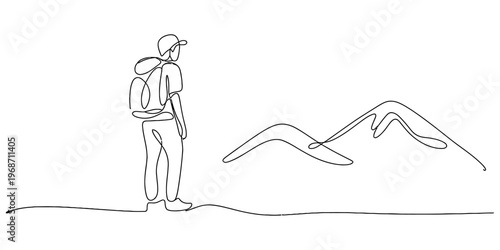 A minimalist single line drawing of a backpacker standing and looking at a mountain landscape Vector, illustration