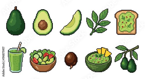 Avocado pixel art collection featuring various healthy food items like guacamole, toast, salad, and smoothies, perfect for retro game designs or digital projects.