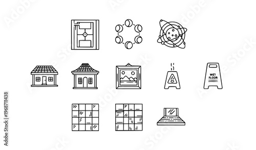 Surface and texture outline icons in circular layout with floor moon phases solar system and court vector set