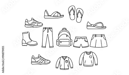 Casual fashion icons collection with sneakers sandals backpack trousers and footwear outline vector set
