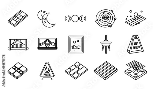 Surface icons collection with floor texture moon phases solar system tennis court and warning sign vector set