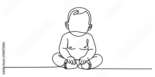 A minimalist single line drawing of an adorable baby sitting on a plain white background surface. Vector, illustration