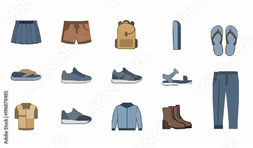 Casual fashion outline icons set with sneakers backpack sandals trousers and clothing vector collection