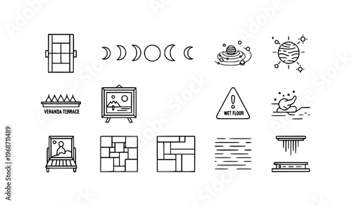 Surface outline icons set with tennis court moon phases solar system floor and texture symbols vector