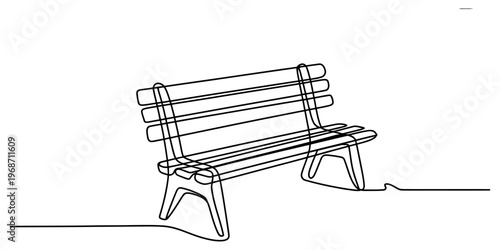 A minimalist single line drawing of an outdoor wooden park bench on a clean white background Vector, illustration