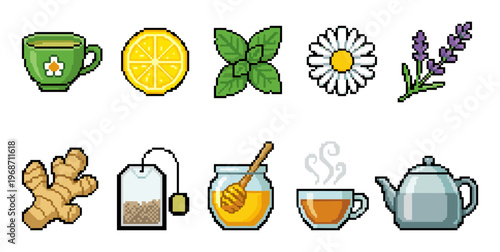 Various pixel art icons of tea ingredients and accessories are displayed, including cups, lemon, mint, chamomile, lavender, ginger, honey, and a teapot, perfect for retro game design.
