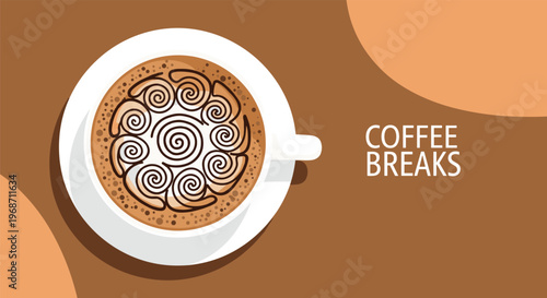 Top view of a white ceramic cup filled with coffee featuring spiral latte art on a warm brown background.