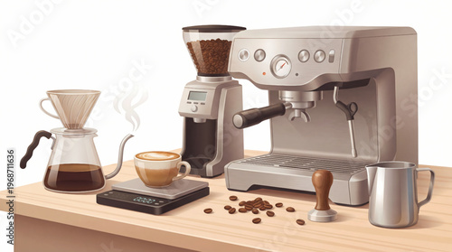 Specialty Coffee Brewing Equipment and Barista Setup Vector Set
