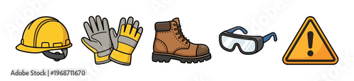 Safety equipment and warning sign icons are displayed as essential personal protective gear for various industrial and construction workplaces, ensuring worker protection.