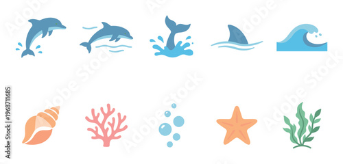 Ocean marine life elements and sea creatures are depicted in a colorful flat design icon set representing underwater ecosystems and aquatic adventures.