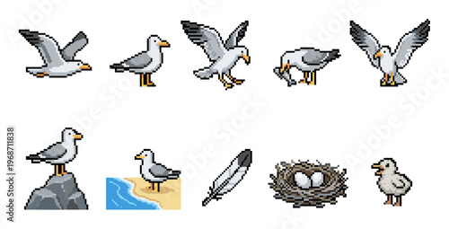 Pixel art seagull collection featuring various poses, a feather, nest with eggs, and a chick, ideal for retro game design and digital projects.