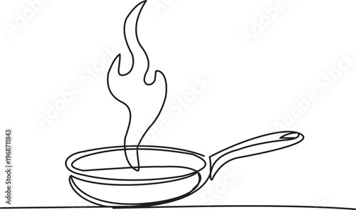 Frying Pan with Flame Line Art Illustration, Cooking Heat Concept, Minimal Kitchen Outline Drawing