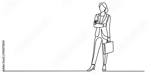 A minimalist single line drawing of a confident businesswoman standing with her arms crossed. Vector, illustration