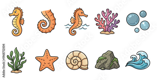Various marine life elements and underwater creatures are presented in a charming cartoon style, ideal for educational resources and playful designs.