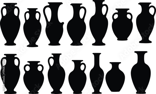 Ancient amphora pottery silhouette collection, Greek and Roman ceramic vase shapes set, classical antique urn icons, pottery vessel vector illustration