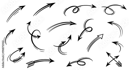 Arrows hand drawn set with diverse curved and straight line styles, featuring brush strokes and simple outlines.