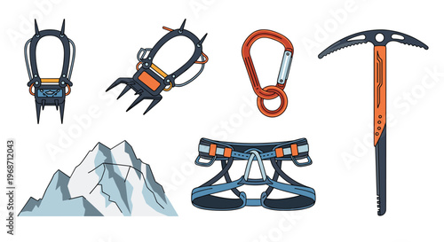 Collection of mountaineering and climbing equipment including crampons, carabiner, ice axe, harness, and snowy mountains.