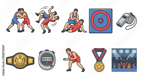 Wrestling sport elements and action icons collection features athletes, equipment, and symbols associated with the competitive combat sport.