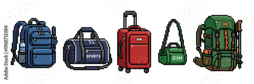 Various pixel art bags, luggage, and backpacks are displayed in a row, representing travel, sports, and outdoor activities in a retro game style.