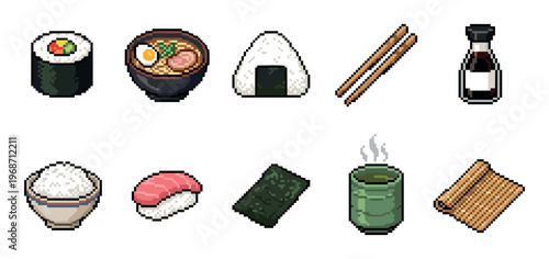 Japanese food pixel art icons collection featuring various traditional dishes and dining elements, perfect for retro game design or digital media.