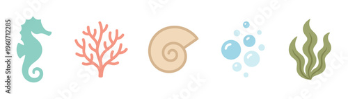 Cute marine life elements set with seahorse, coral, shell, bubbles, and seaweed in a charming flat design style, perfect for aquatic themes.