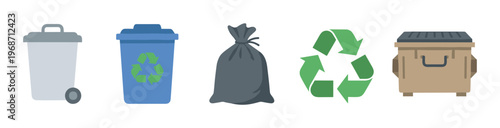 Waste containers and recycling symbols for environmental management, illustrating the importance of proper disposal and sustainable practices for a cleaner planet.