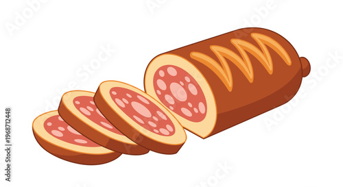Sliced salami sausage with white fat spots and a golden textured casing isolated on a plain white background.