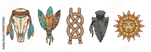 Tribal native bohemian cultural elements collection featuring a decorated skull, feathers, rope knot, stone arrowhead, and sun symbol illustration.