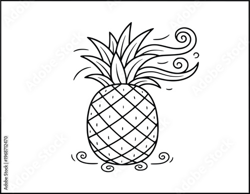 Pineapple illustration features a black line art drawing of exotic fruit