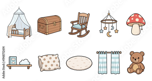 Cute cartoon nursery baby room items collection featuring a bed, rocking chair, mobile, teddy bear, and other cozy elements for children's decor.