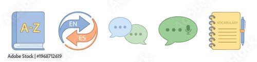Language learning and communication icons are displayed, illustrating concepts of translation, vocabulary acquisition, and interactive conversation for educational purposes.
