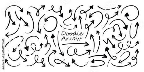 Hand drawn curved doodle arrow set. Set of curved, Loop, swirl and sketch arrows. Pen lines, arrows scribbles vector illustration.