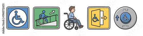 Collection of colorful accessibility icons representing various aspects of disability access and inclusive design for public spaces.