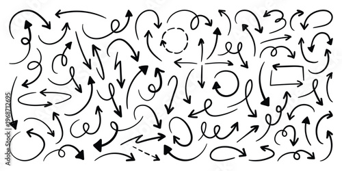 Hand drawn curved doodle arrow set. Set of curved, Loop, swirl and sketch arrows. Pen lines, arrows scribbles vector illustration.
