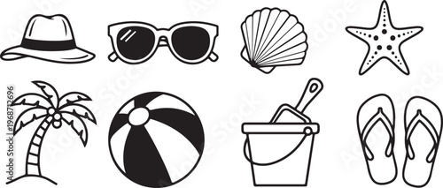 A collection of eight common symbols and objects illustrated in black and white Vector