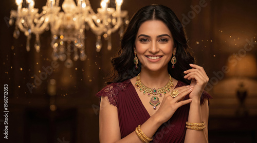 Elegant Indian woman showcasing beautiful traditional gold and gemstone jewelry