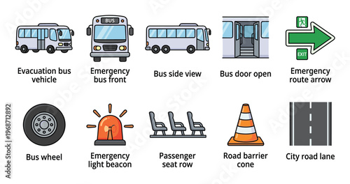 Various transportation and emergency safety icons are displayed, including buses, warning lights, road signs, and passenger seats.