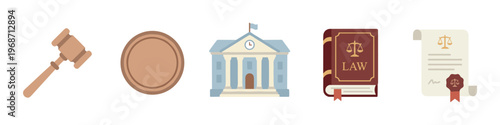 Law and justice icons representing legal system elements, including a gavel, courthouse, law book, and official document, for various legal concepts.