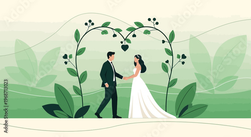 Bride and Groom Under Heart Archway, Romantic Wedding Illustration