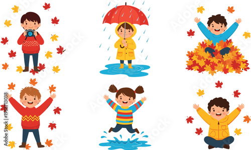 Set of happy children playing in autumn leaves and jumping in rain puddles wearing warm seasonal clothes for fall weather vector illustrations