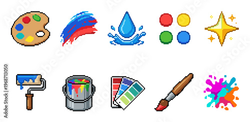 Pixel art painting and creativity icons collection featuring various artistic tools and colorful elements for digital design projects.