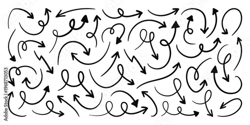 Hand drawn doodle arrow vector collection. Scribble lines arrow doodle elements. Crayon drawn note arrow doodles set. 