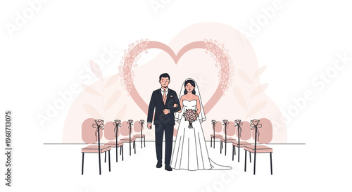 Bride and Groom Walking Down Aisle, Wedding Ceremony, Love Heart Arch