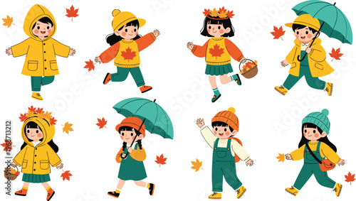 Set of cute children playing in autumn leaves and wearing yellow raincoats with umbrellas for seasonal fall weather vector character design illustrations