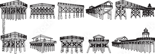 Historical illustrations of various steel bridge truss designs from the 19th century Vector